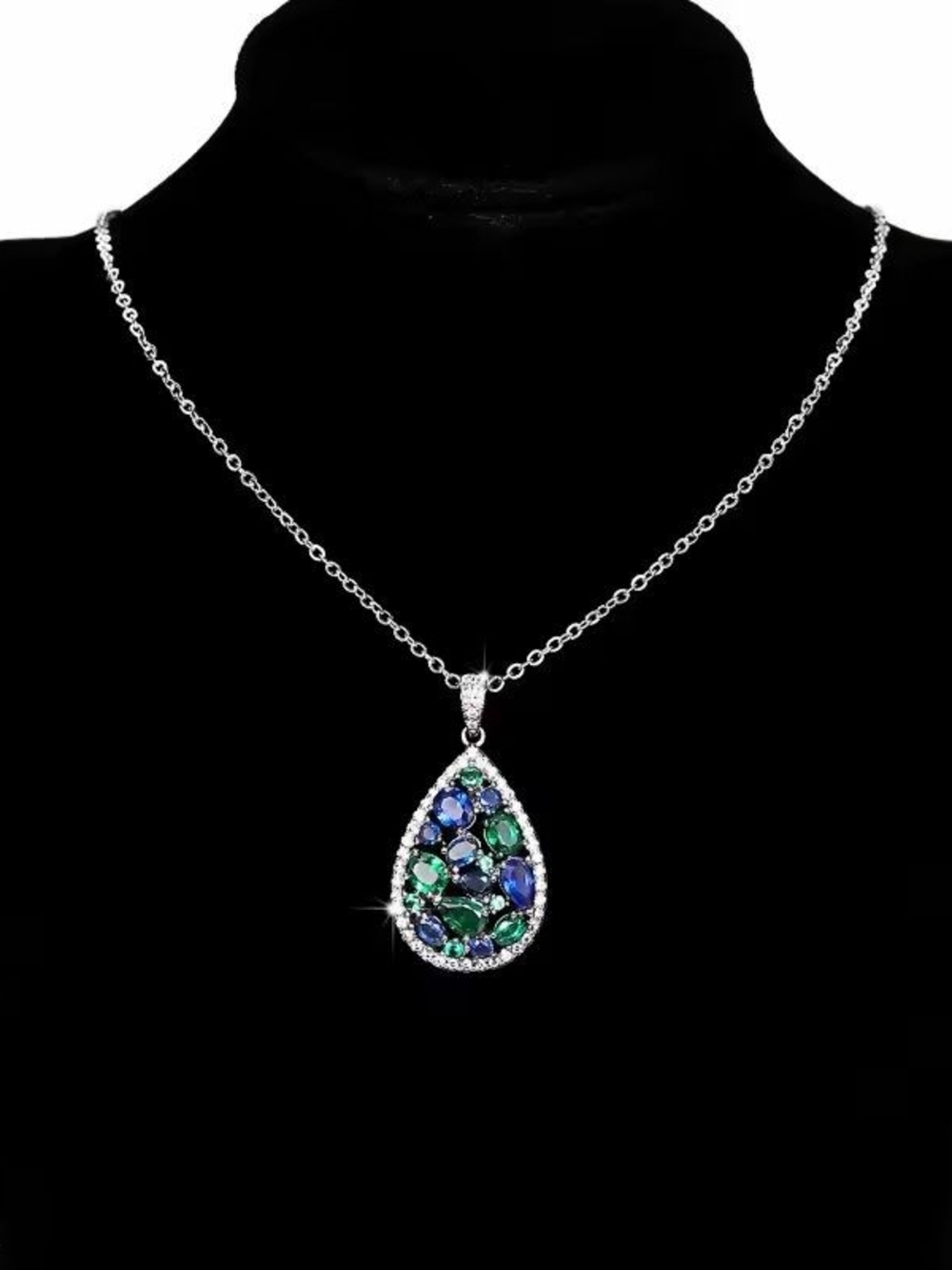 Silver Teardrop Necklace with Blue & Green Stones - Picture 2 of 7